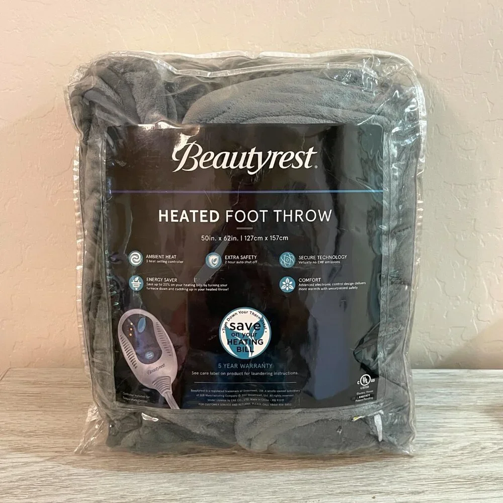 New Beautyrest Heated Throw Blanket Plush Super Soft Gray 50
